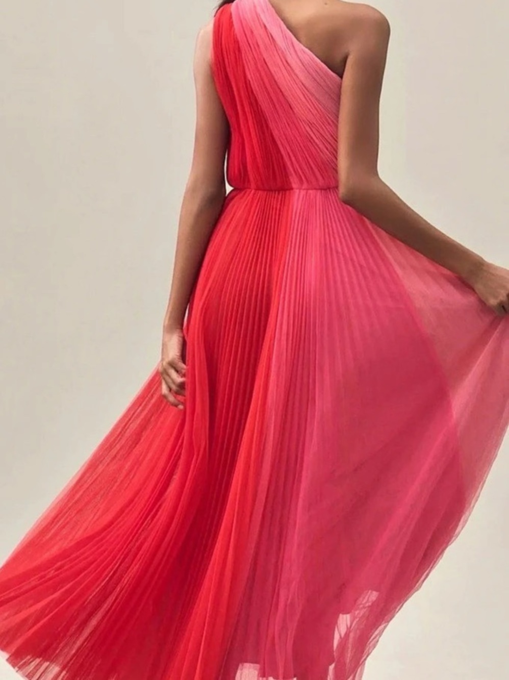 Hutch One-Shoulder Color Block Tulle Pleated Dress in Pink & Red Size 10 - Picture 2 of 7